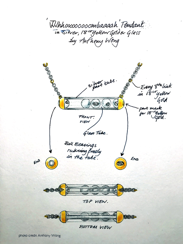 Judges loved the playful kinetic qualities of the piece and the fact that the hallmarks take centre stage to the design in a new way. Anthony Wong, 'Jjjhhooooooooombaaaah' Pendant. Graduate - Royal College of Art.