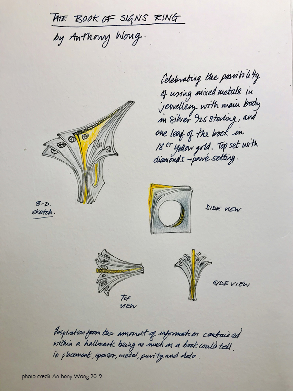 Judges really liked the way that each page carried its own mark and yet was one piece, "a clever wearable design that celebrates the hallmark well". 'A Homage to the Book of the Hallmark’ Ring, Anthony Wong. Graduate - Royal College of Art.