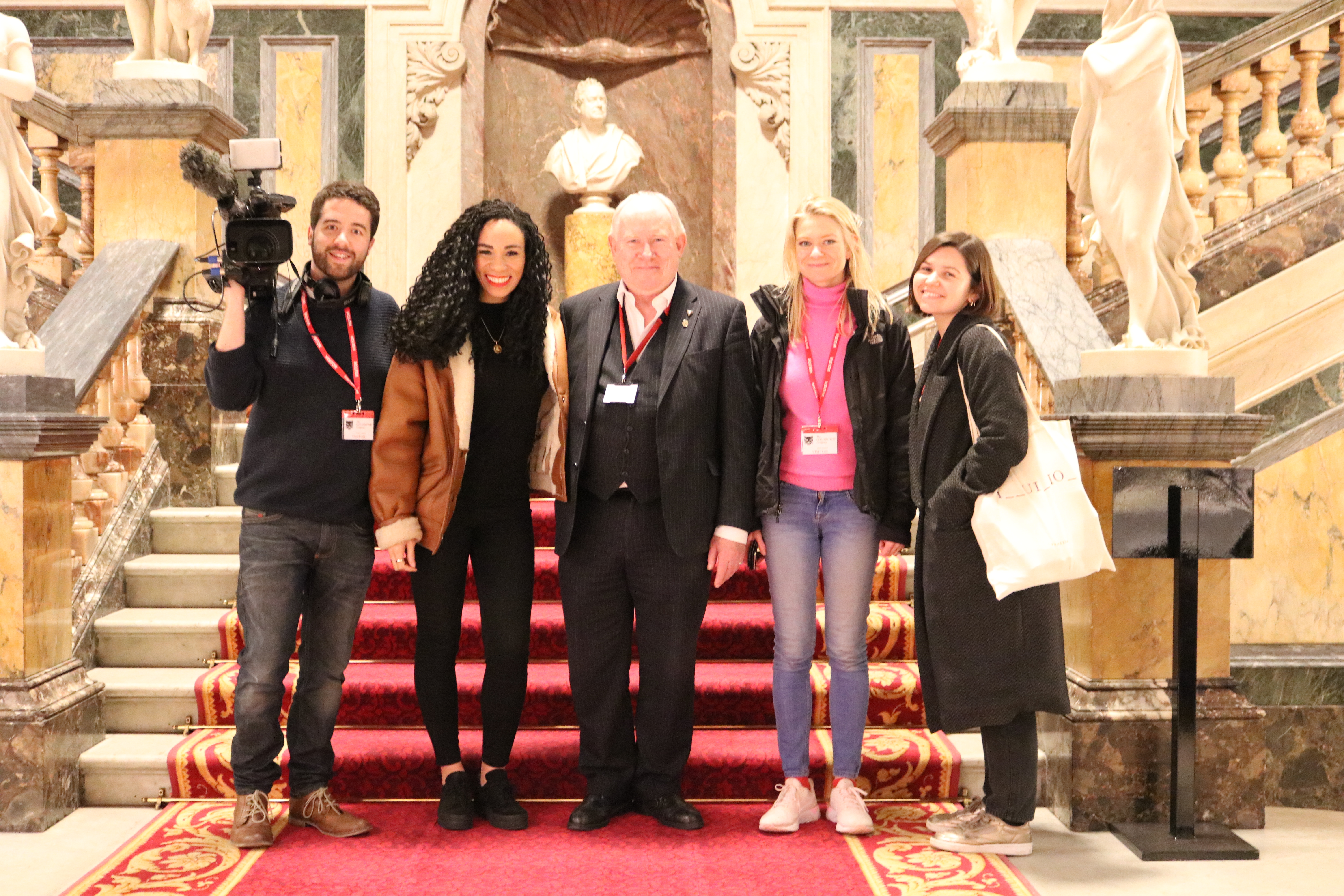 Presenter Michelle Ackerley pictured with Dave, and the crew of Fake Britain in January 2019.